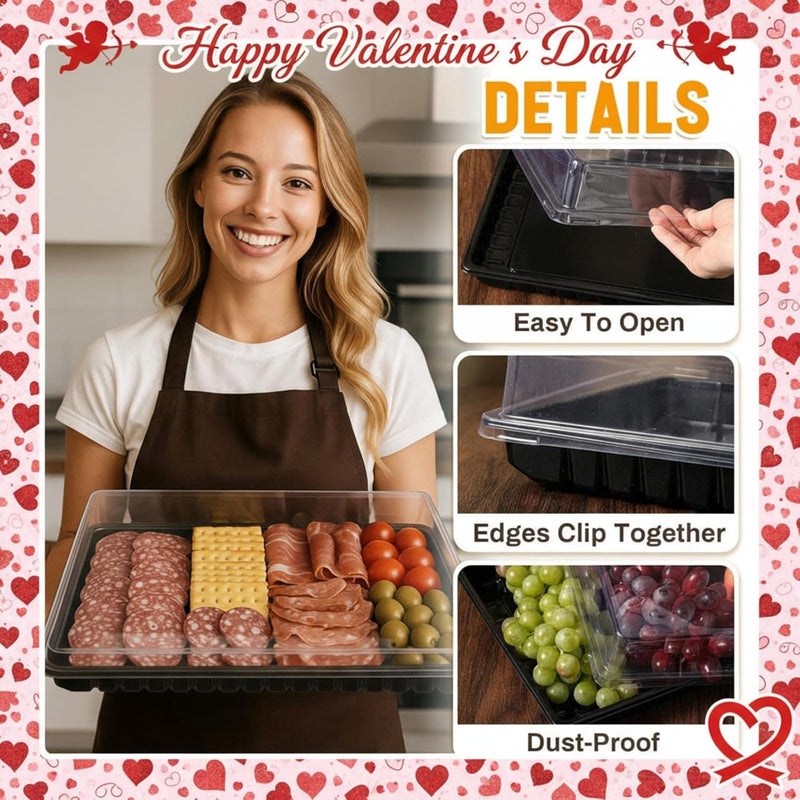 Shellwei 10 Pack Extra Large Valentine's Day Charcuterie Board with Lids 15 x 10 Inch Catering Cookie Trays Plastic Serving Tray Fruit Chocolate Desserts Reusable Platter for Travel Valentine Party - Image 3